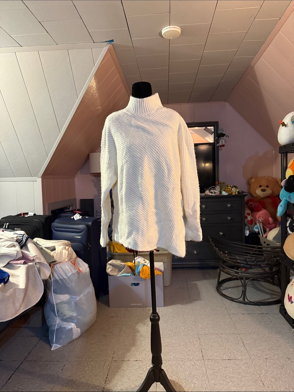 Express Off-White Ribbed Asymmetrical Mock Neck Tunic Sweater